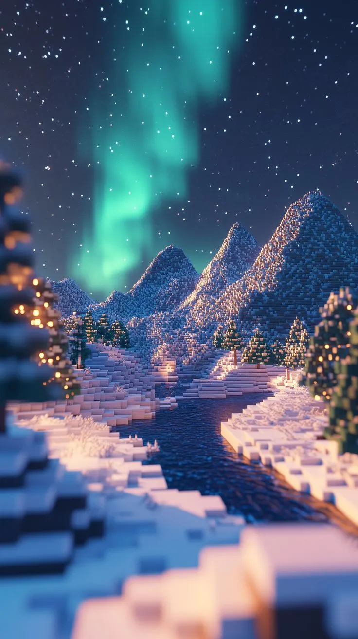 Minecraft зима и северное сияние